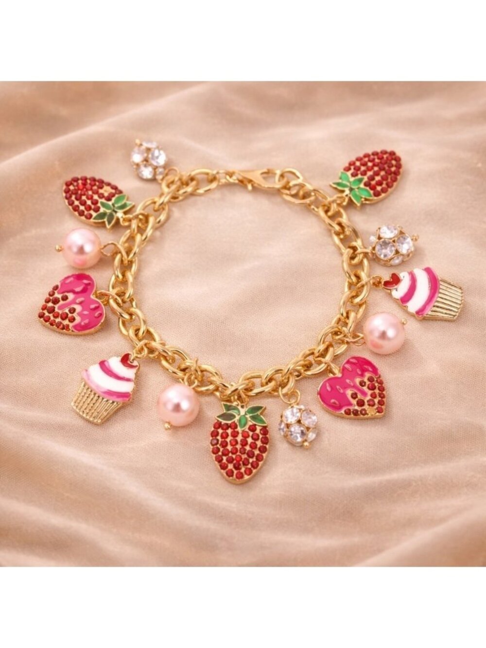 Strawberry Cupcake Gold Crystal Imitation Pearl Sweets Charm Bracelet